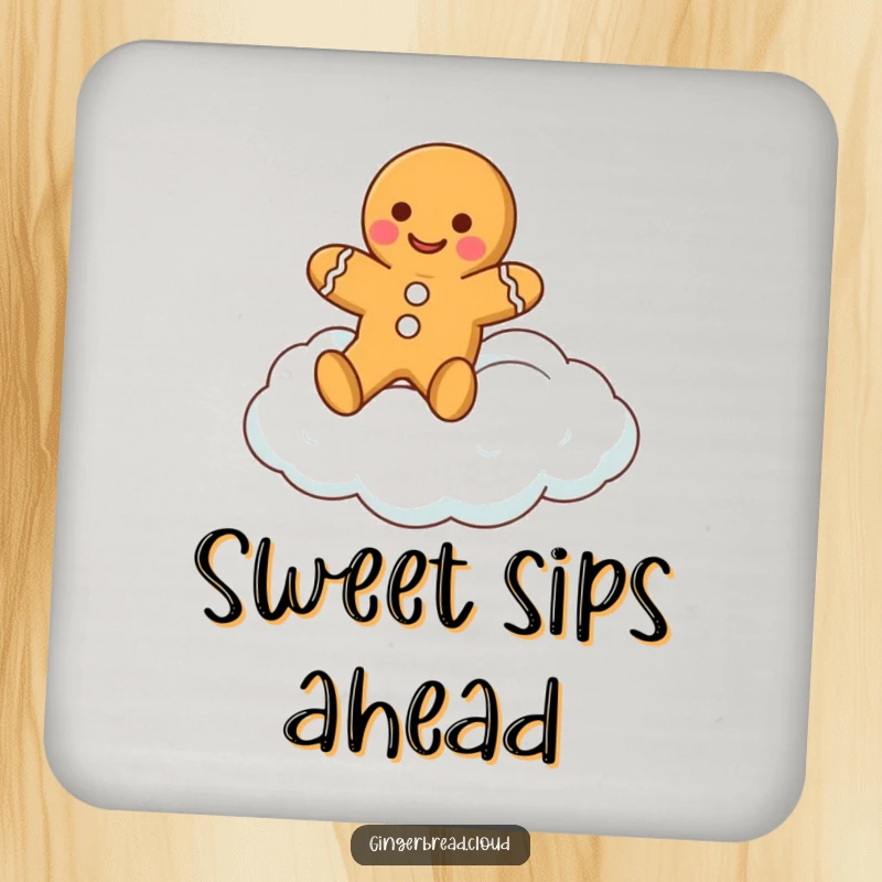 Funny gingerbread man drink coaster featuring a happy gingerbread cookie character floating on a cloud, for sweet surface protection.