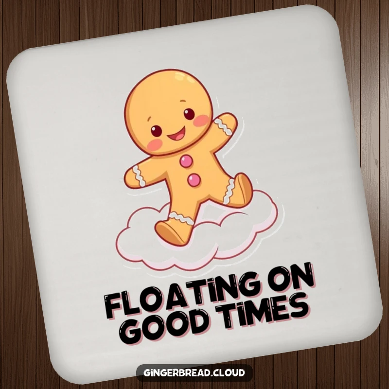 Funny drink coaster featuring a gingerbread person skipping on a cloud, adding a whimsical touch to beverage service.