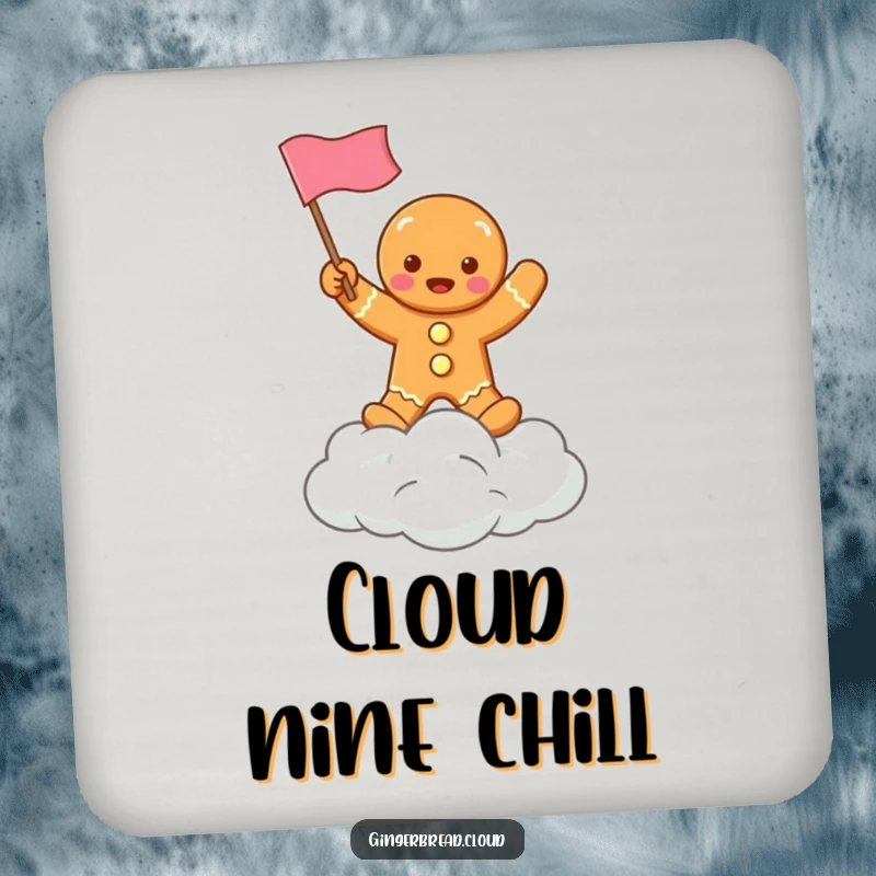Funny round coaster featuring a gingerbread character waving a flag from a cloud, ideal for protecting furniture with holiday cheer.