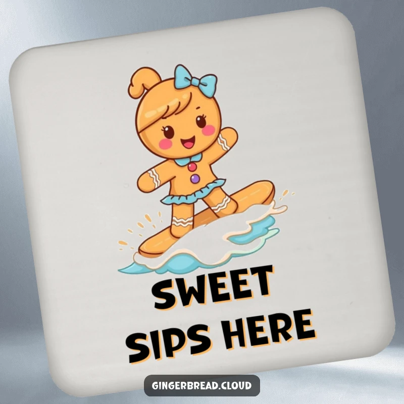 Funny gingerbread girl riding a frosting wave on this coaster, offering a humorous and sweet way to protect surfaces from drinks.