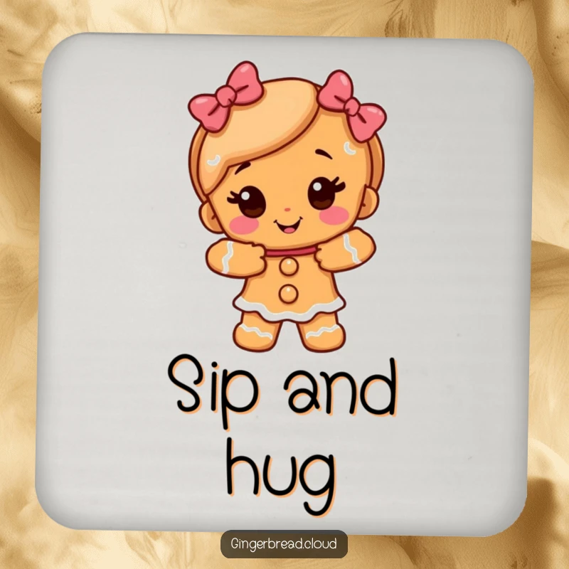 Funny gingerbread girl character offering a warm hug, depicted on protective drink coasters for a sweet touch.