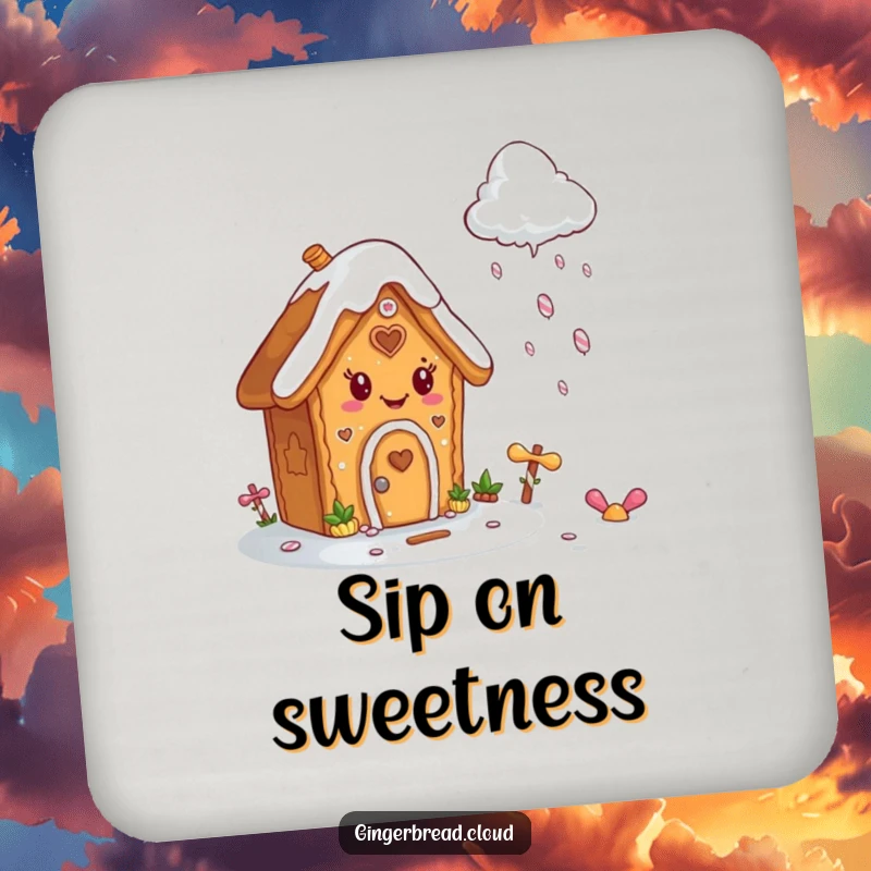Funny drink coaster decorated with a cheerful gingerbread house character with icing, inspired by candy rain.
