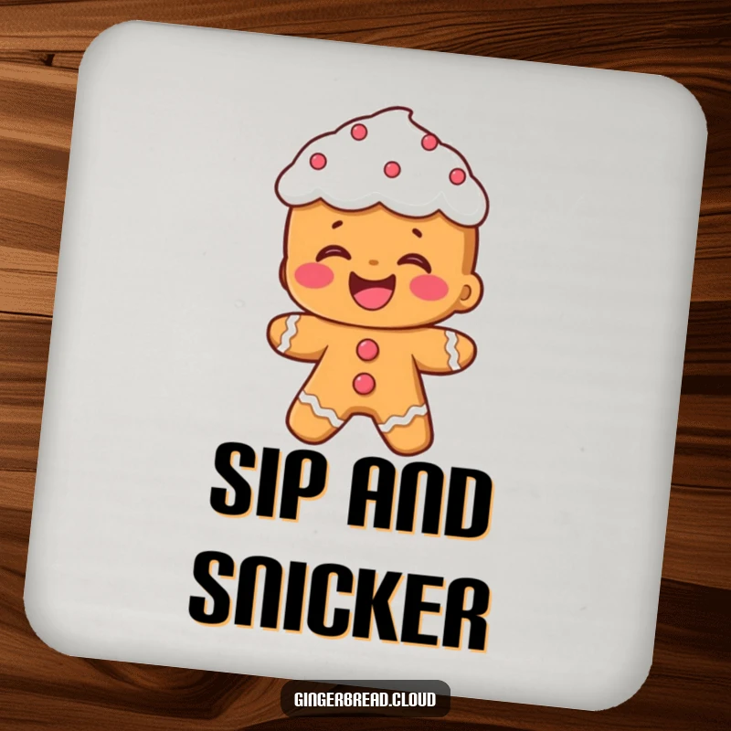Funny coaster: A gingerbread person with frosting hair laughs heartily, a humorous addition to protect surfaces.