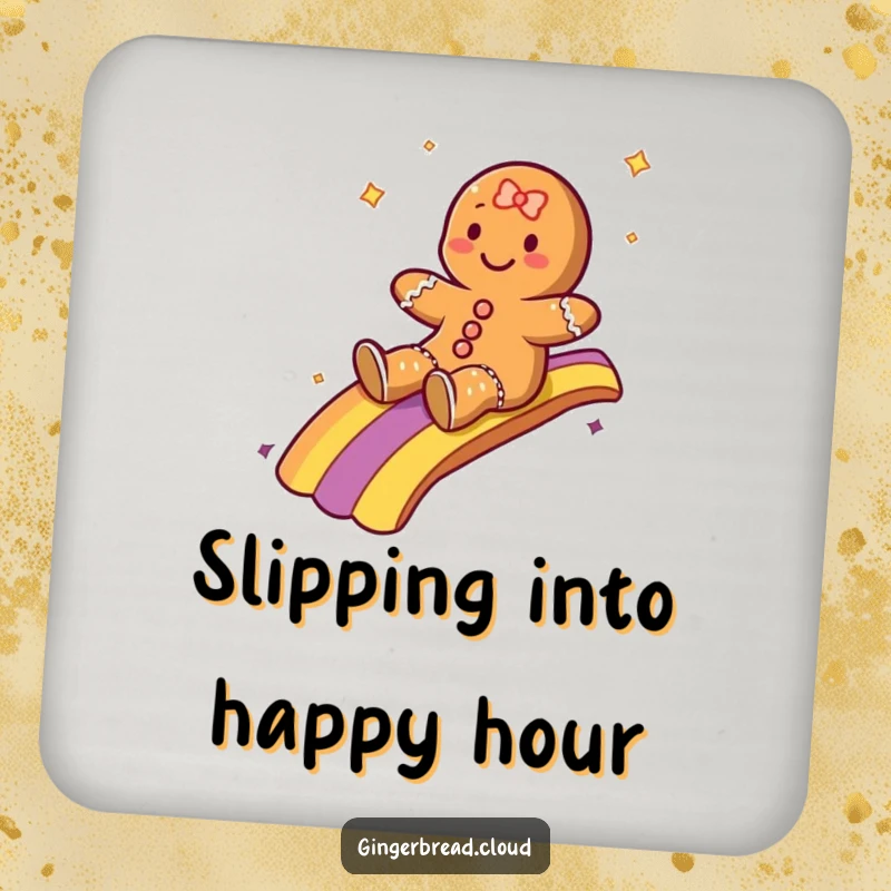 Funny drink coaster with a gingerbread character sliding down a rainbow, adding a magical and cheerful element to beverage service.