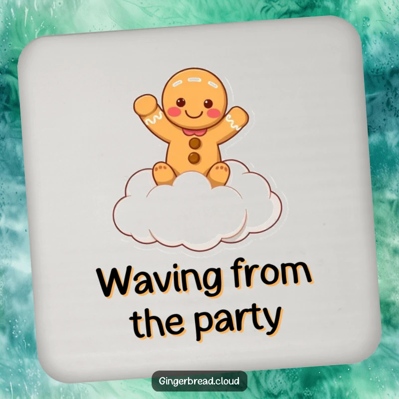 Funny drink coaster with a gingerbread person waving from a cloud, adding a cheerful and friendly element to beverage service.