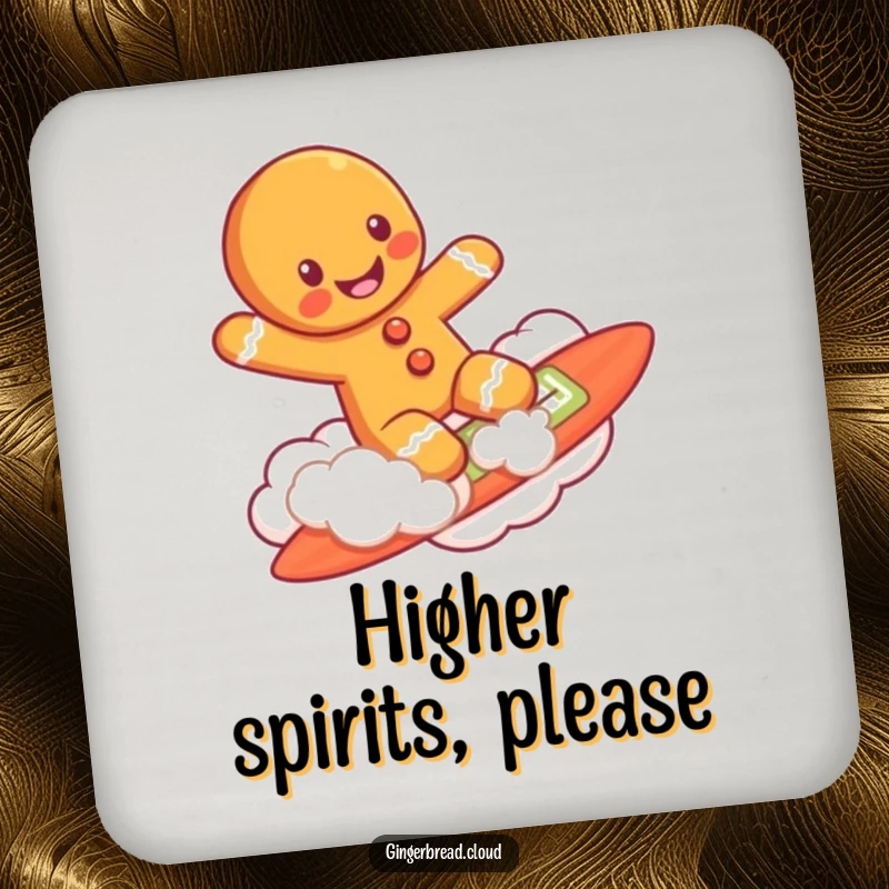 Funny gingerbread man surfing on a cloud, depicted on protective drink coasters for a touch of whimsy.