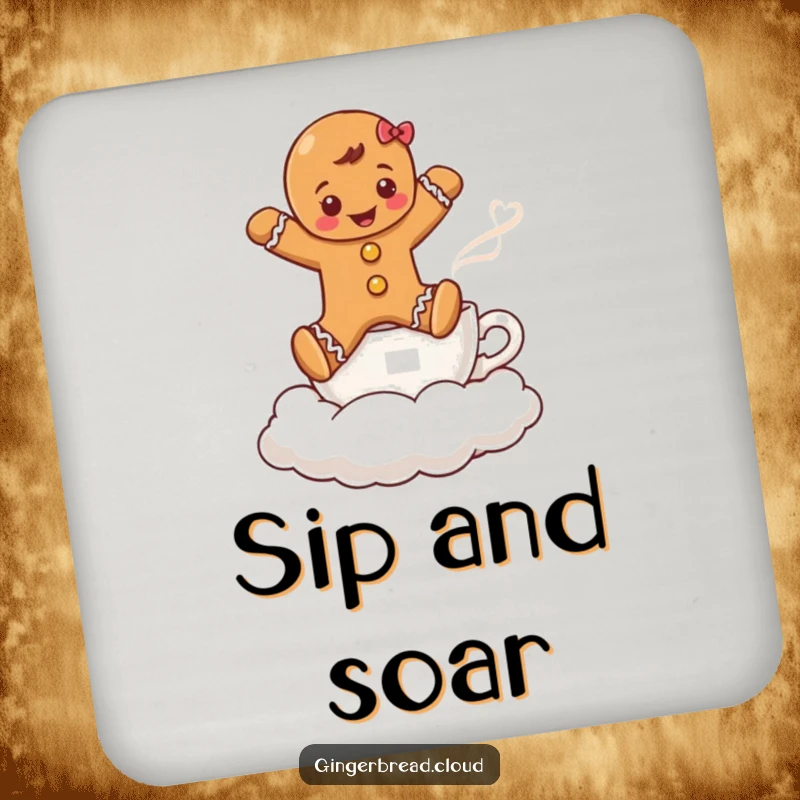 Funny coaster design of a gingerbread boy jumping over a coffee cup cloud, adding whimsical holiday decor.