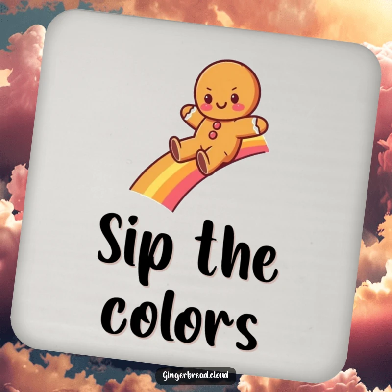 Funny gingerbread character sliding down a rainbow on a drink coaster. Protects furniture with magical humor.