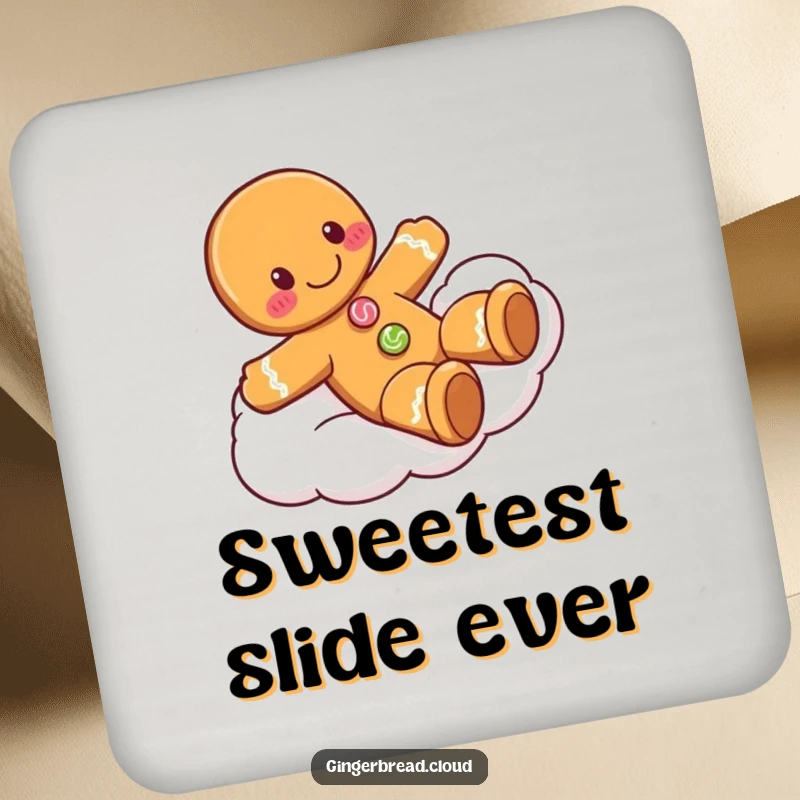 Funny gingerbread man coaster featuring a smiling character sliding down a cloud, adding a sweet and humorous touch to your drinks.