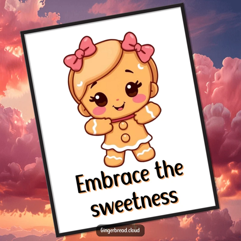 Funny happy gingerbread girl character offering a warm, sugary embrace, displayed as a heartwarming poster print.