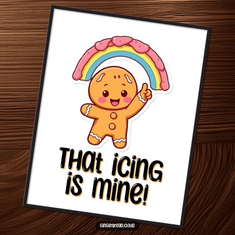 Excited gingerbread cookie character pointing at a rainbow made of icing, displayed as art on a poster for cheerful decoration.