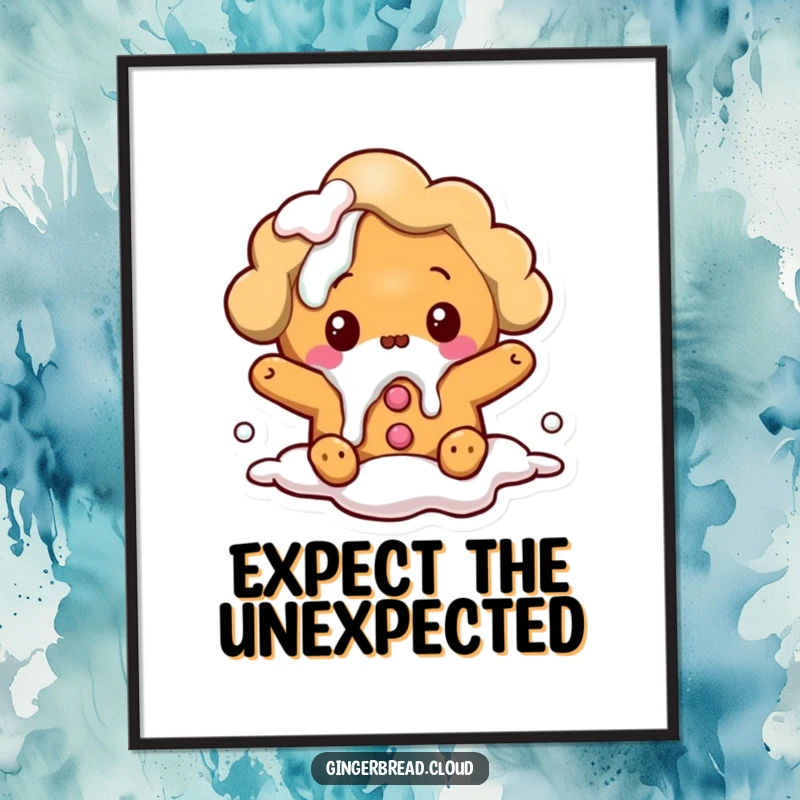Funny poster: A surprised gingerbread cloud character spills icing, a humorous and whimsical piece of art.