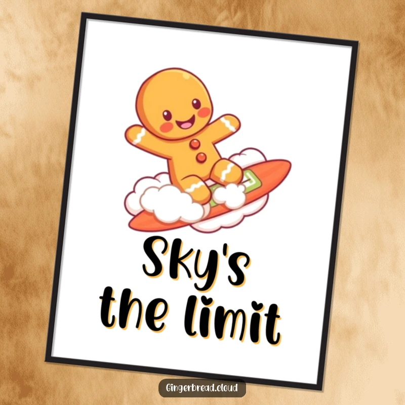 Funny gingerbread man grinning while riding a cloud as a surfboard, showcased on a delightful poster print.
