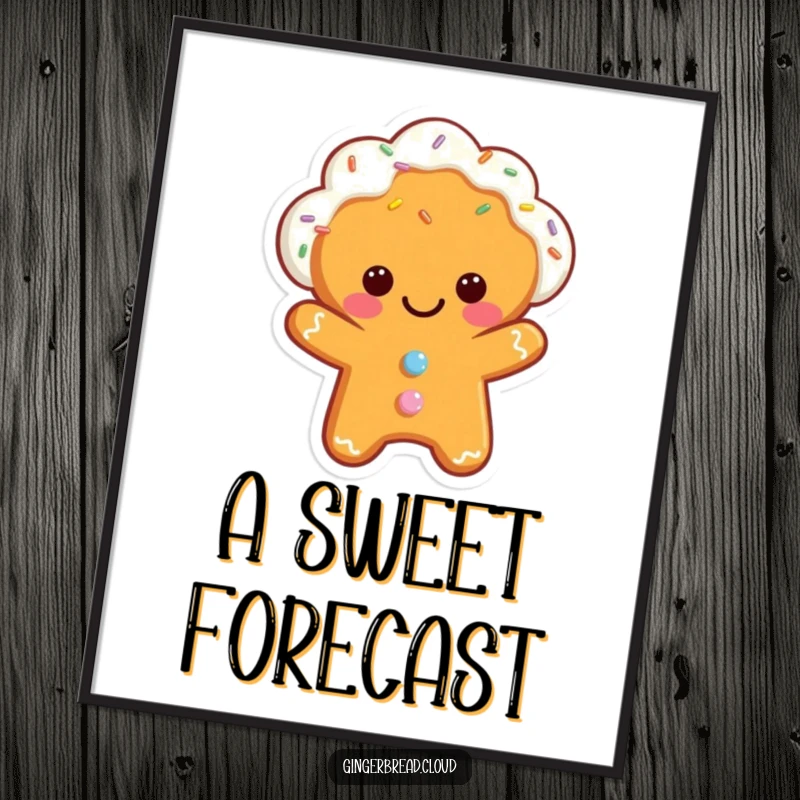 Funny poster featuring a smiling gingerbread cloud character with a cascade of colorful sprinkles, adding cheer to any wall.