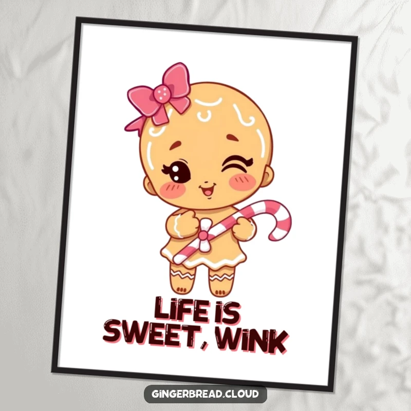 Funny gingerbread girl winking with a candy cane, a festive and humorous poster to decorate any wall space.