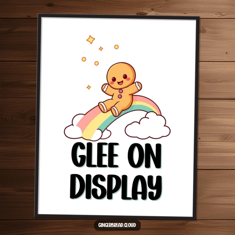 Funny gingerbread cookie poster depicting a gingerbread cookie character gleefully sliding down a vibrant rainbow, bringing cheer.