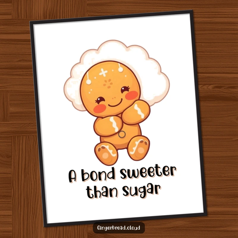 Funny poster of a cute gingerbread man embracing a smiling cloud, creating a warm, affectionate, and joyful atmosphere.
