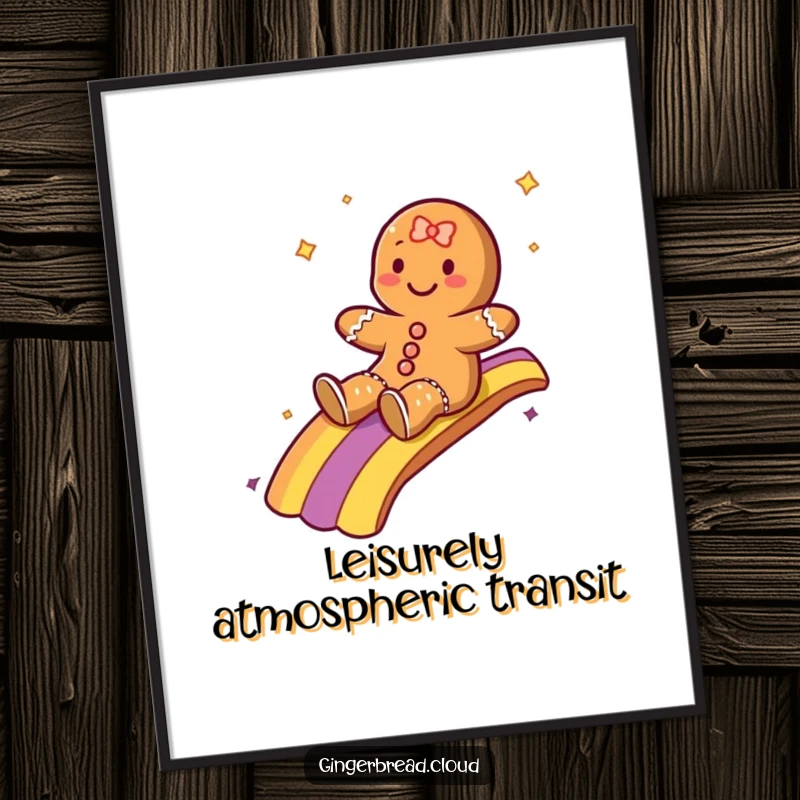 Funny poster of a gingerbread character sliding with delight down a vibrant rainbow, creating a magical and cheerful atmosphere.