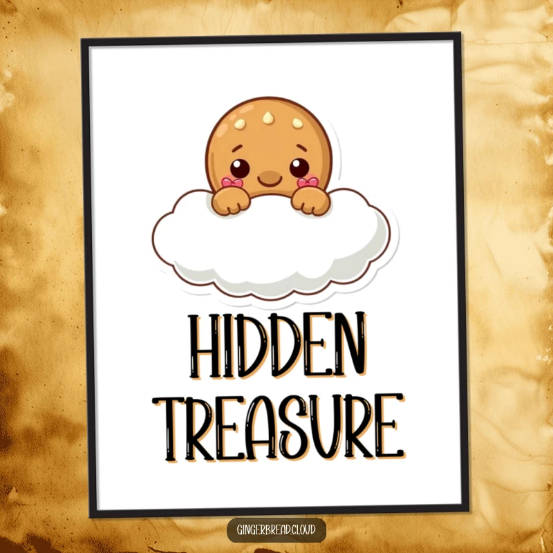 Funny poster featuring a gingerbread character peeking curiously from behind a fluffy cloud, adding a sweet and playful touch to decor.