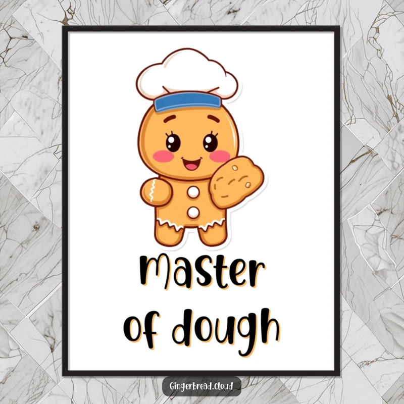 Funny gingerbread cookie character in a chef hat, presenting a baked good, adorning a whimsical poster for home decor.