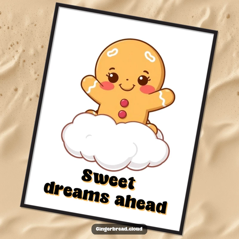Funny smiling gingerbread cookie leaping from a fluffy white cloud, depicted dynamically on this vibrant poster. Adds holiday cheer.