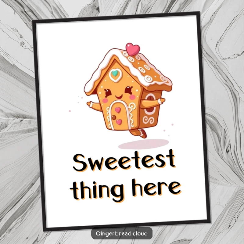 Funny poster featuring a gingerbread house with detailed icing swirls performing a joyful dance in a whimsical sky, adding festive decor.