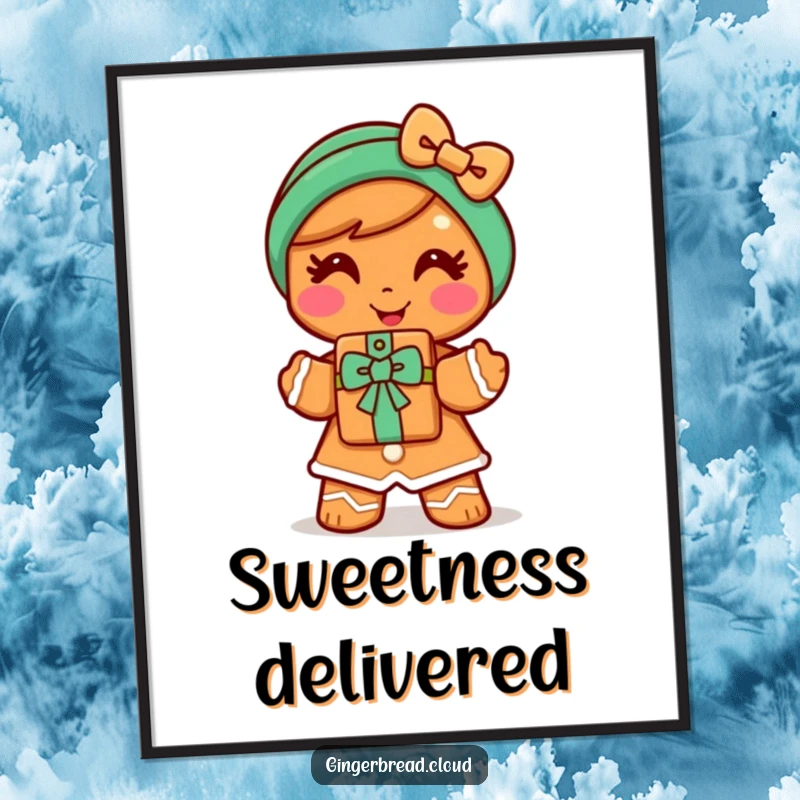 Funny gingerbread woman poster featuring a cheerful character offering a cookie gift with a smile, creating a heartwarming and kind art piece.