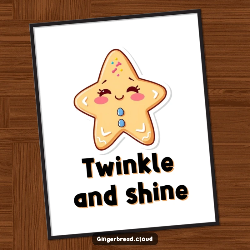 Funny poster art of a mischievous anthropomorphic gingerbread star winking, adorned with sprinkles.