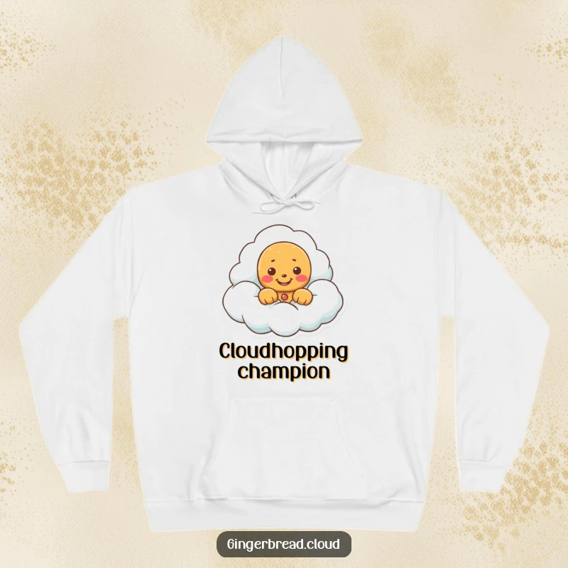 Funny hoodie featuring a gingerbread cookie peeking from a fluffy cloud, a happy grin visible.