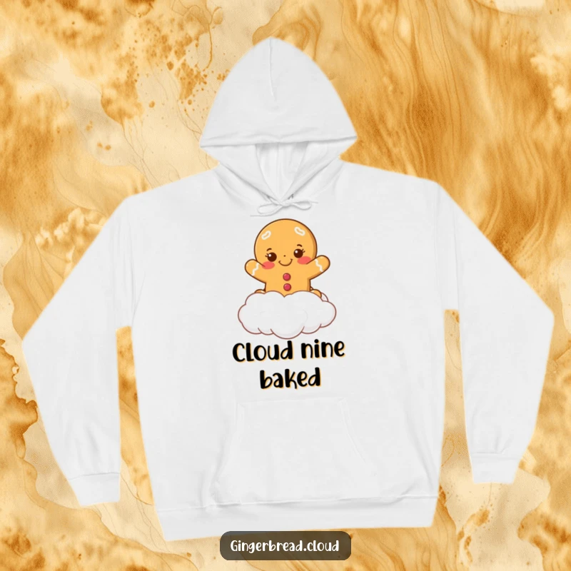 Funny smiling gingerbread cookie leaping from a cloud, featured on a warm and comfortable hoodie. Perfect for the holidays.