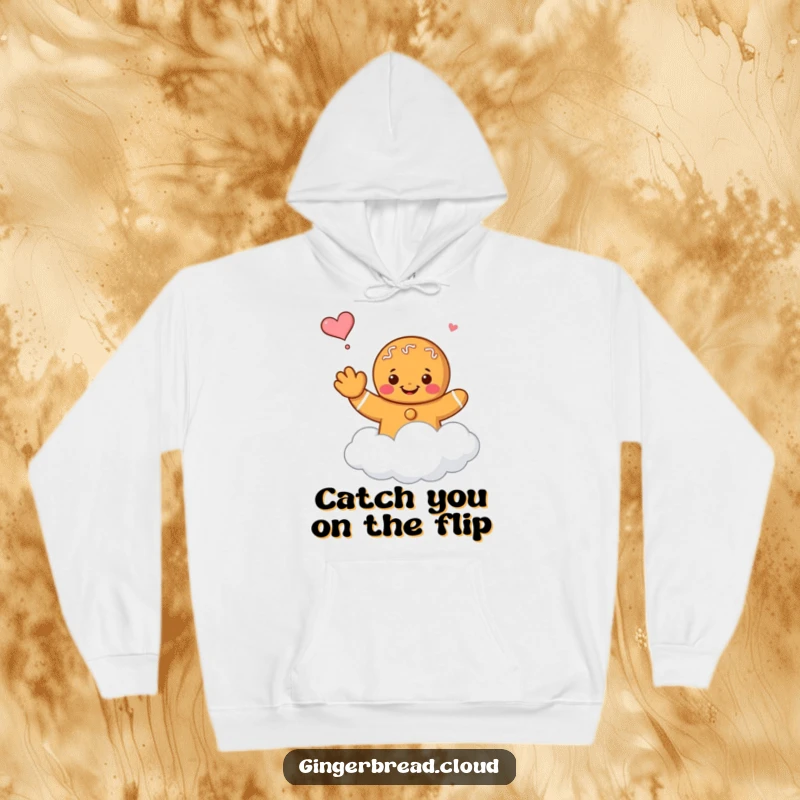 Funny gingerbread character waving goodbye while floating on a cloud, printed on a cozy hoodie.