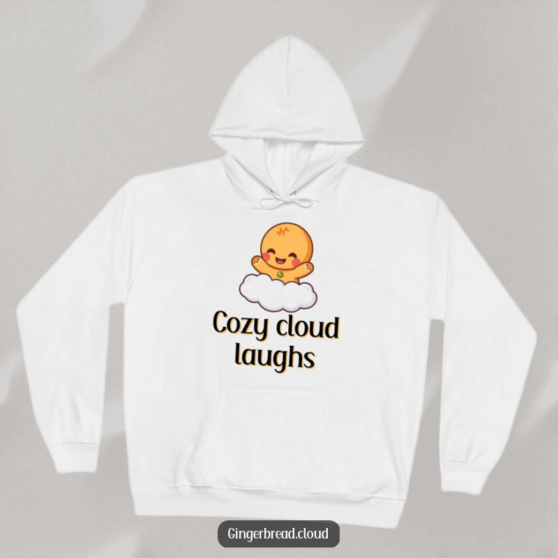 Funny and cozy hoodie showcasing a gingerbread character giggling while floating on a cloud, perfect for spreading warmth and cheer.