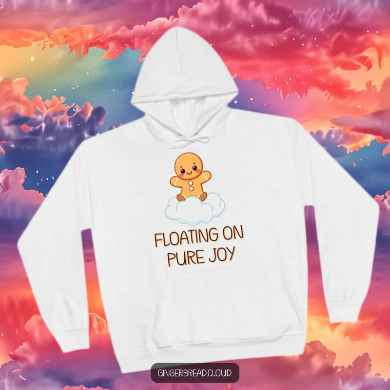 Funny Hoodie featuring a cheerful gingerbread character in a precarious yet happy balance on a fluffy cloud.