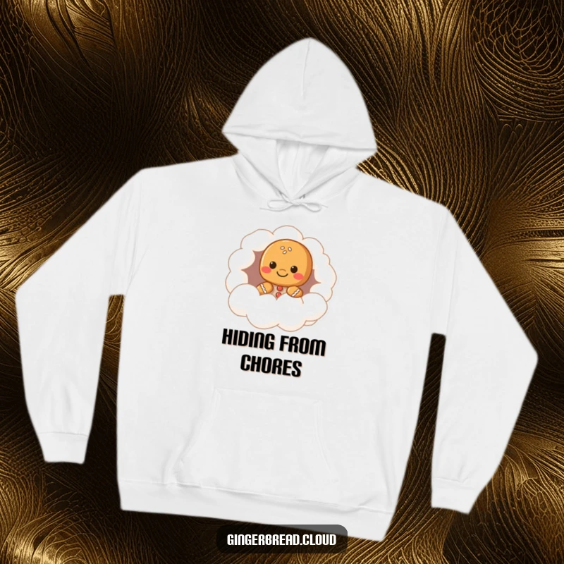 Funny gingerbread character hoodie, peeking from a cloud hollow, warm and whimsical winter wear, perfect funny gift for dreamers.