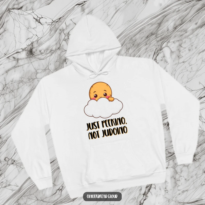 Funny gingerbread character peeking over a soft cloud, printed on a warm and cozy hoodie.