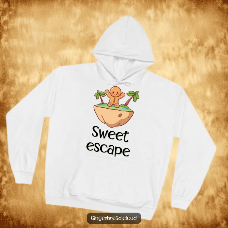 Funny Hoodie featuring a cheerful gingerbread man waving from a floating island, providing cozy comfort and whimsical fantasy art for a perfect gift.