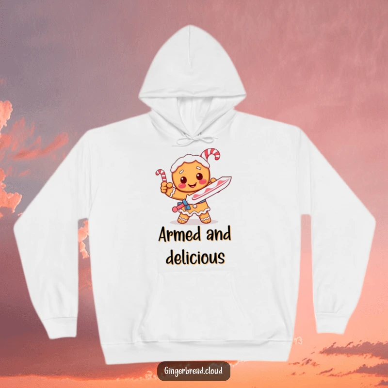 Funny hoodie with a gingerbread knight striking a noble pose, sword made of candy cane, ready for battle.