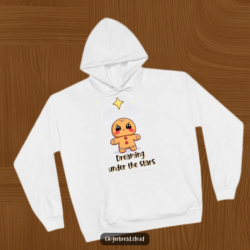 Funny gingerbread character looking up at a starry sky, printed on a cozy hoodie.