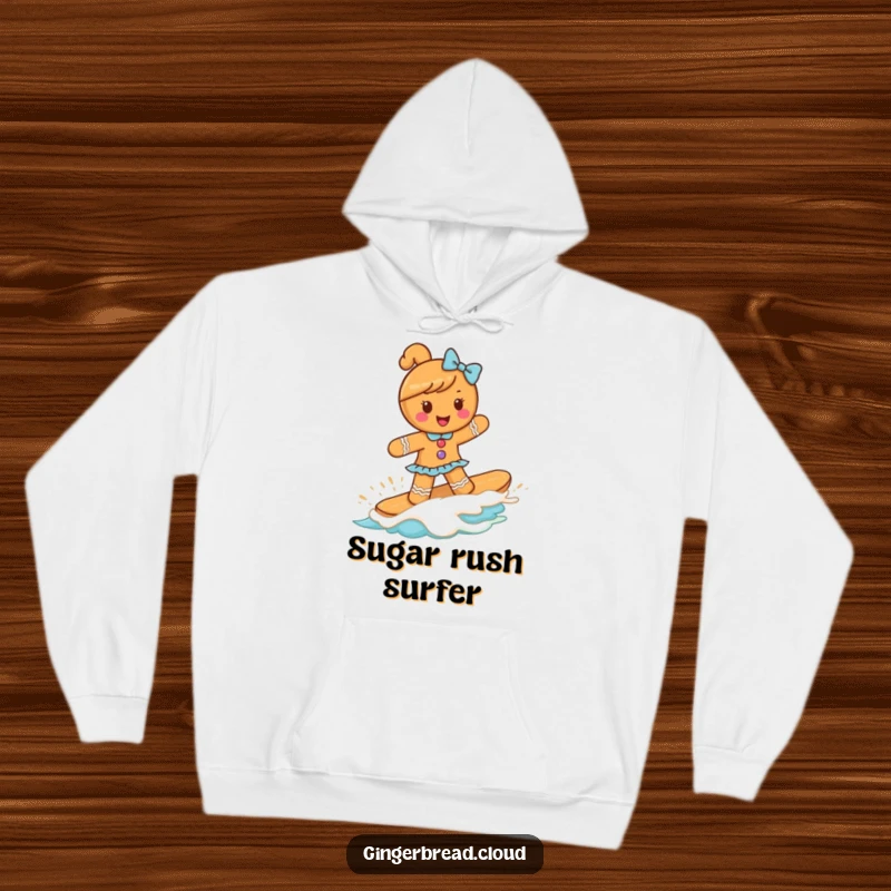 Funny gingerbread girl confidently surfs a delicious frosting wave, showcasing a playful and humorous holiday spirit, perfect for cozy wear.