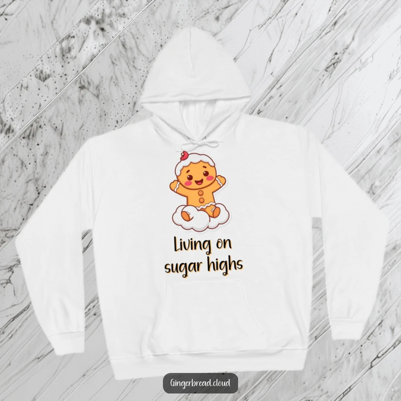 Funny Hoodie: Soft fleece featuring a smiling gingerbread man with frosting, joyfully jumping on a fluffy cloud.