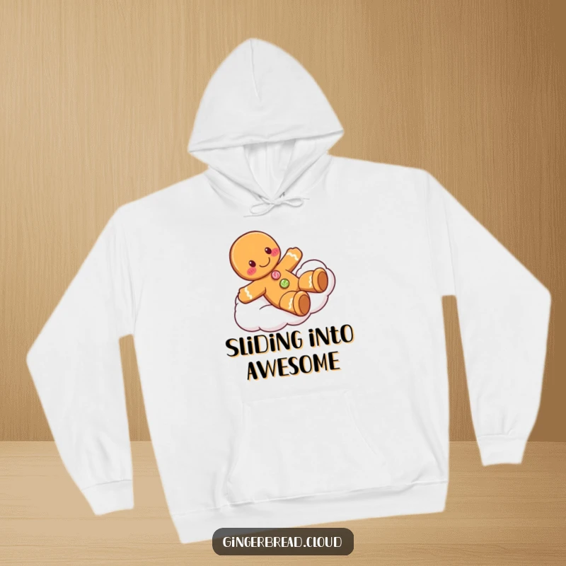 Funny gingerbread man hoodie showing a smiling character with candy buttons sliding gleefully down a cloud, offering cozy and sweet comfort.
