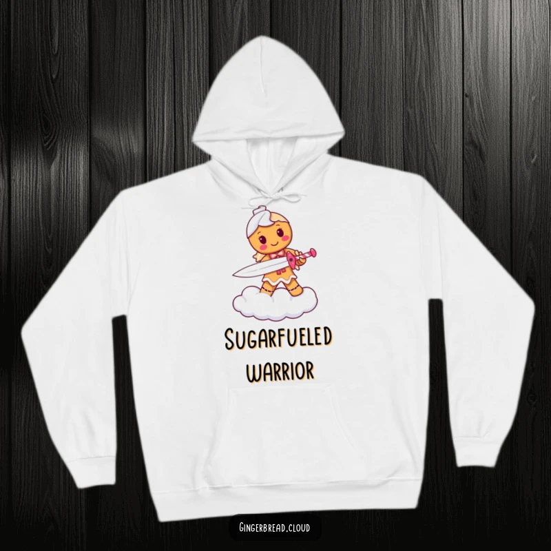 Funny hoodie depicting a determined gingerbread person warrior wielding a candy cane sword, standing tall on a cloud, exuding bravery.