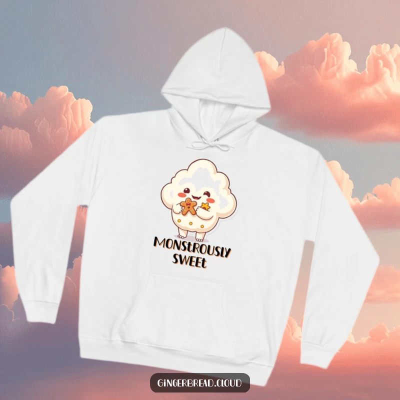 Funny Hoodie featuring a friendly monster shaped cloud offering a gingerbread gift, providing cozy comfort and whimsical fantasy art for a perfect gift.