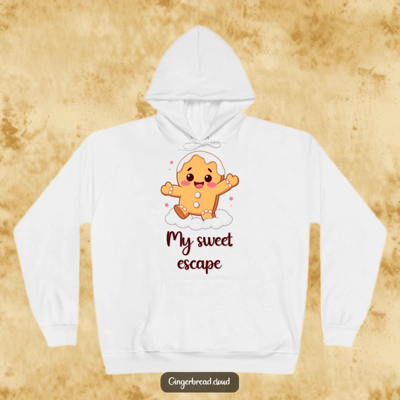 Funny gingerbread cookie hoodie depicting a happy character with frosting drips bouncing gleefully on white clouds, offering cozy, sweet comfort.
