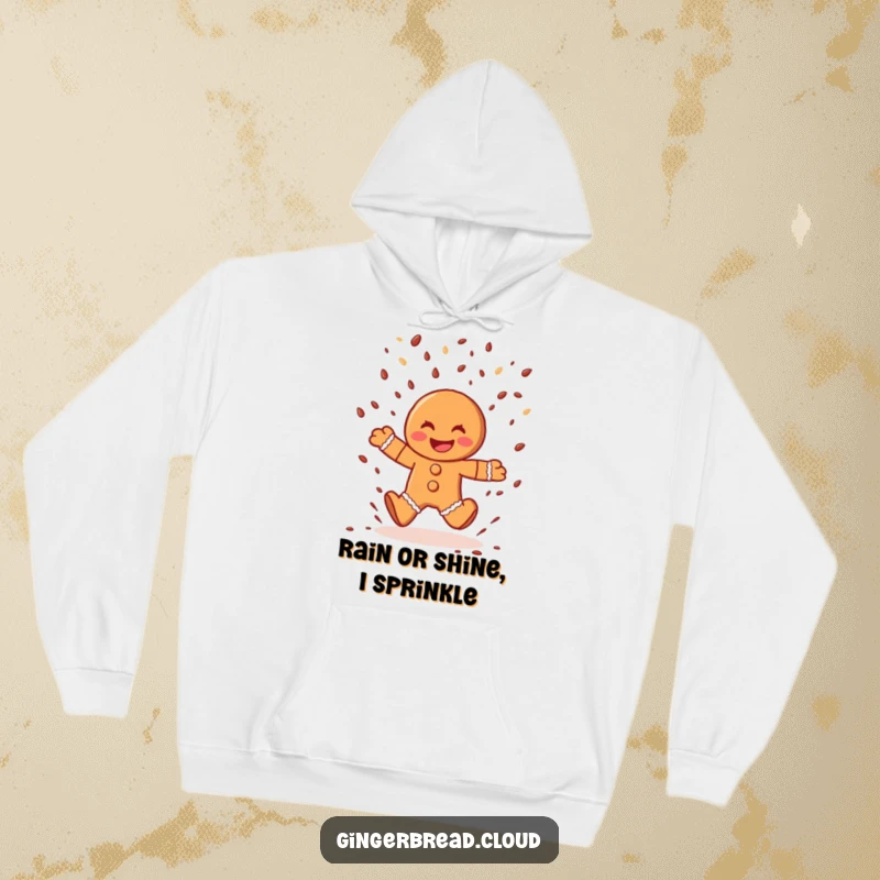 Funny gingerbread man hoodie, cozy design of a character leaping through chocolate sprinkles, warm and joyful apparel.