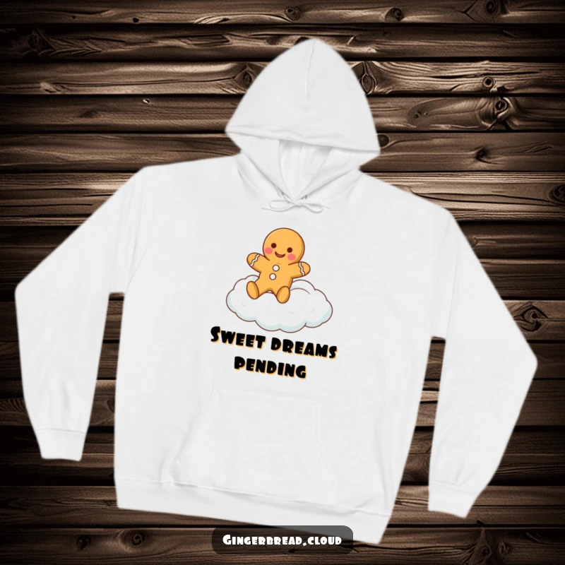 Funny gingerbread man hoodie showing a happy gingerbread cookie character peacefully floating on a soft, cloud-like surface.
