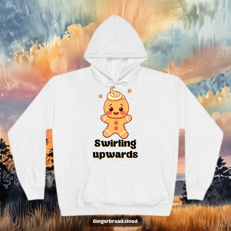 Funny hoodie featuring a happy gingerbread person with icing swirls, floating upwards to bring cozy cheer.
