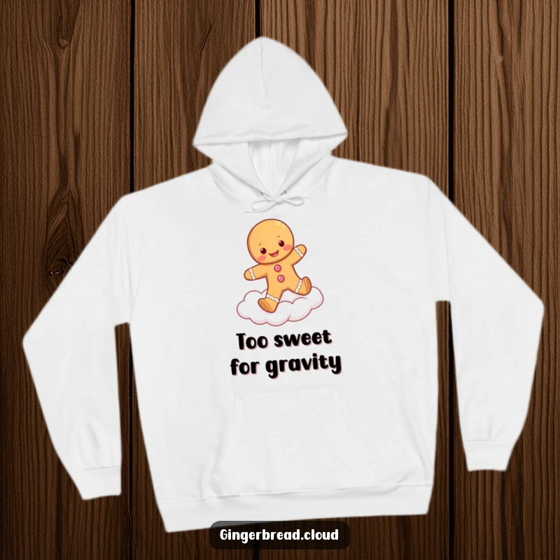 Funny hoodie featuring a cute gingerbread person joyfully skipping on a fluffy cloud, offering a sense of warmth and happiness.