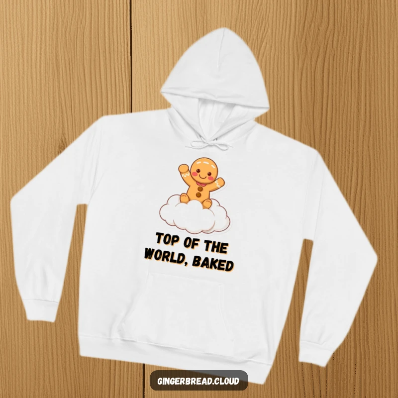 Funny hoodie featuring a gingerbread person waving happily from atop a fluffy cloud, offering a sense of comfort and cheer.