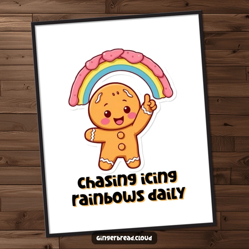 Vibrant Free Printable Wall Art: A gingerbread character excitedly pointing towards a dazzling rainbow constructed from colorful icing, filling the space with joy.